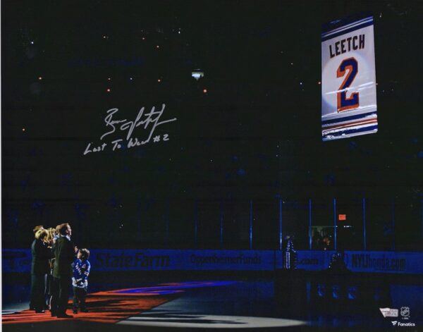 Brian Leetch New York Rangers Autographed 16" x 20" Jersey Retirement Banner Raising Photograph with "Last to Wear #2" Inscription