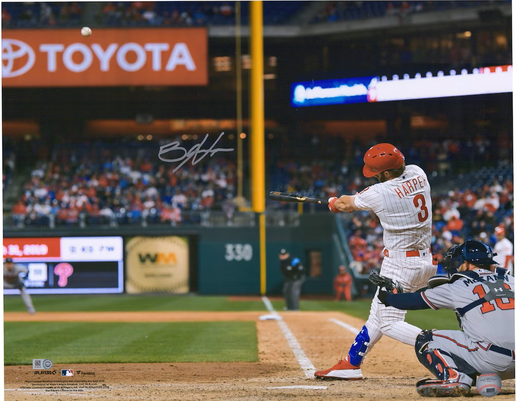 Bryce Harper Philadelphia Phillies Autographed 16" x 20" Swinging in White Jersey Horizontal Photograph