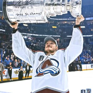 Cale Makar Colorado Avalanche Autographed 2022 Stanley Cup Champions 16" x 20" Raising Cup Photograph with "2022 SC Champs" Inscription