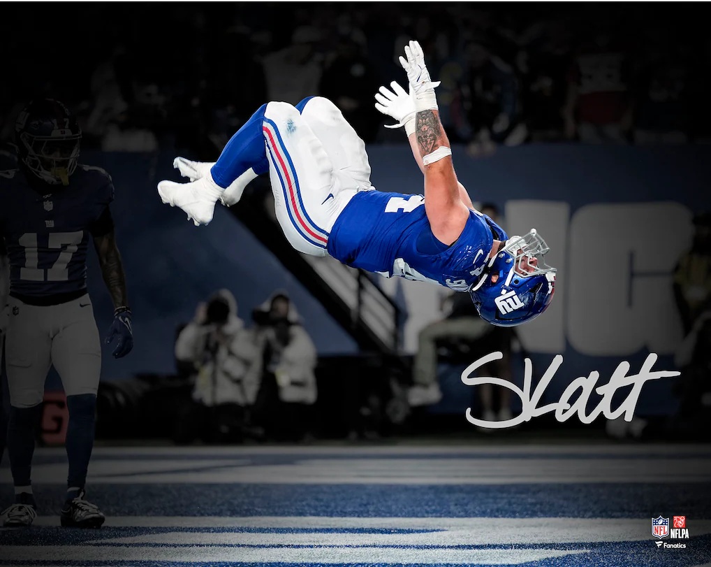 Cam Skattebo New York Giants Autographed 16" x 20" 2025 Week 3 Touchdown Celebration Backflip Spotlight Photograph