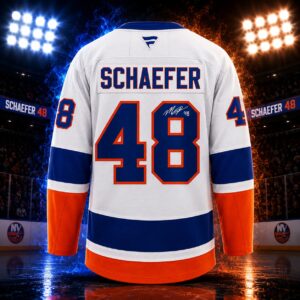 Matthew Schaefer Autographed White Premium New York Islanders Jersey with Sponsor Patch