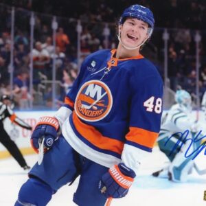 Matthew Schaefer New York Islanders Wearing Blue Jersey Autographed 8x10 Photo