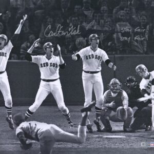 Carlton Fisk Boston Red Sox Autographed 16" x 20" 1975 World Series Home Run Black & White Photograph with "Stay Fair! Stay Fair!" Inscription