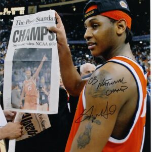 Carmelo Anthony Syracuse Orange Autographed 16" x 20" Holding Newspaper Photograph with "03 National Champ" Inscription
