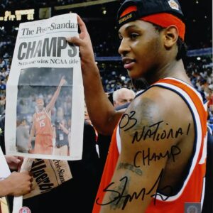 Carmelo Anthony Syracuse Orange Autographed 16" x 20" Holding Newspaper Photograph with "03 National Champ" Inscription