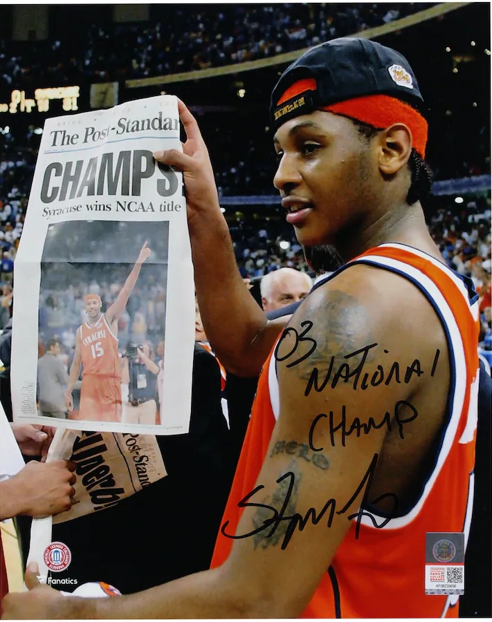Carmelo Anthony Syracuse Orange Autographed 16" x 20" Holding Newspaper Photograph with "03 National Champ" Inscription