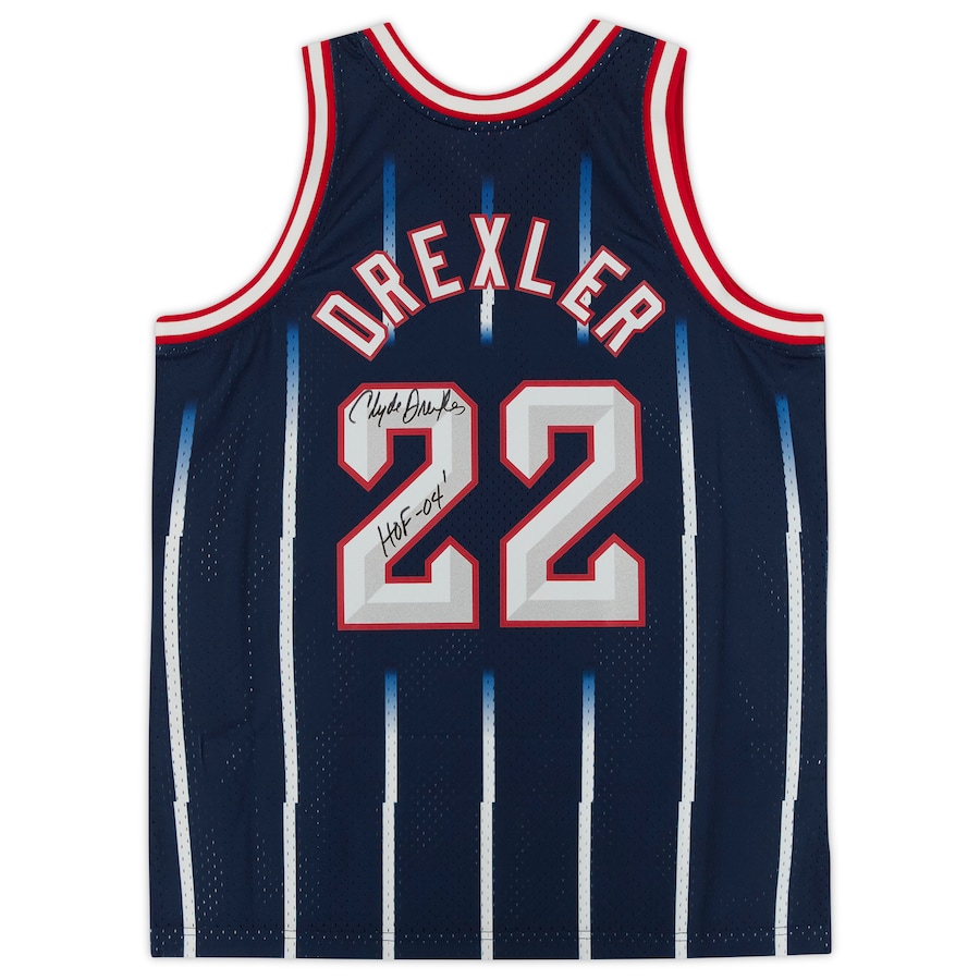 Clyde Drexler Houston Rockets Autographed Navy Mitchell & Ness 1995-96 Replica Jersey with "HOF 04" Inscription