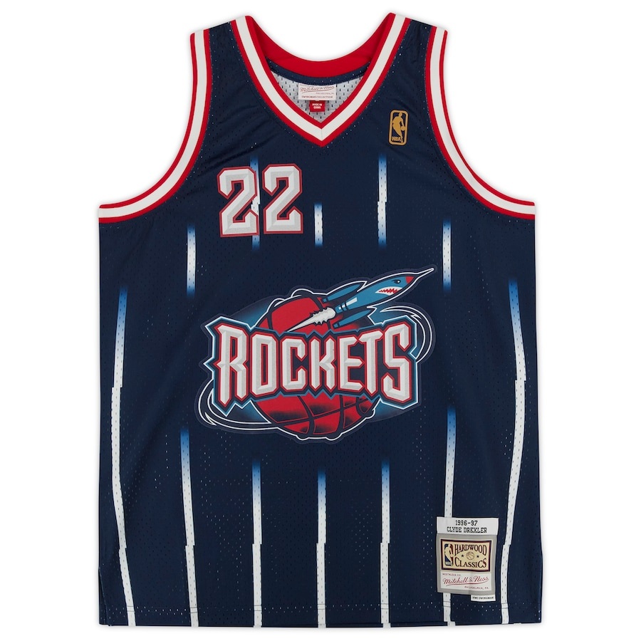 Clyde Drexler Houston Rockets Autographed Navy Mitchell & Ness 1995-96 Replica Jersey with "HOF 04" Inscription - Image 2