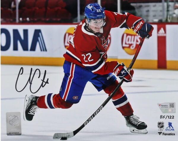 Cole Caufield Montreal Canadiens Autographed 8" x 10" Red Jersey Shooting Photograph - Limited Edition of 122