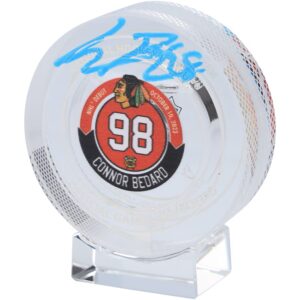 Connor Bedard Chicago Blackhawks Autographed NHL Debut Crystal Puck - Filled with Ice from NHL Debut Game