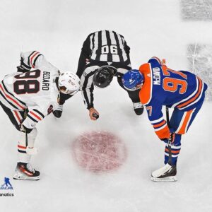 Connor Bedard Chicago Blackhawks vs. Connor McDavid Edmonton Oilers Unsigned Faceoff Photograph