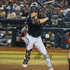 Corbin Carroll Arizona Diamondbacks Autographed 2023 National League Rookie of the Year 16" x 20" Black Jersey Hitting Photograph