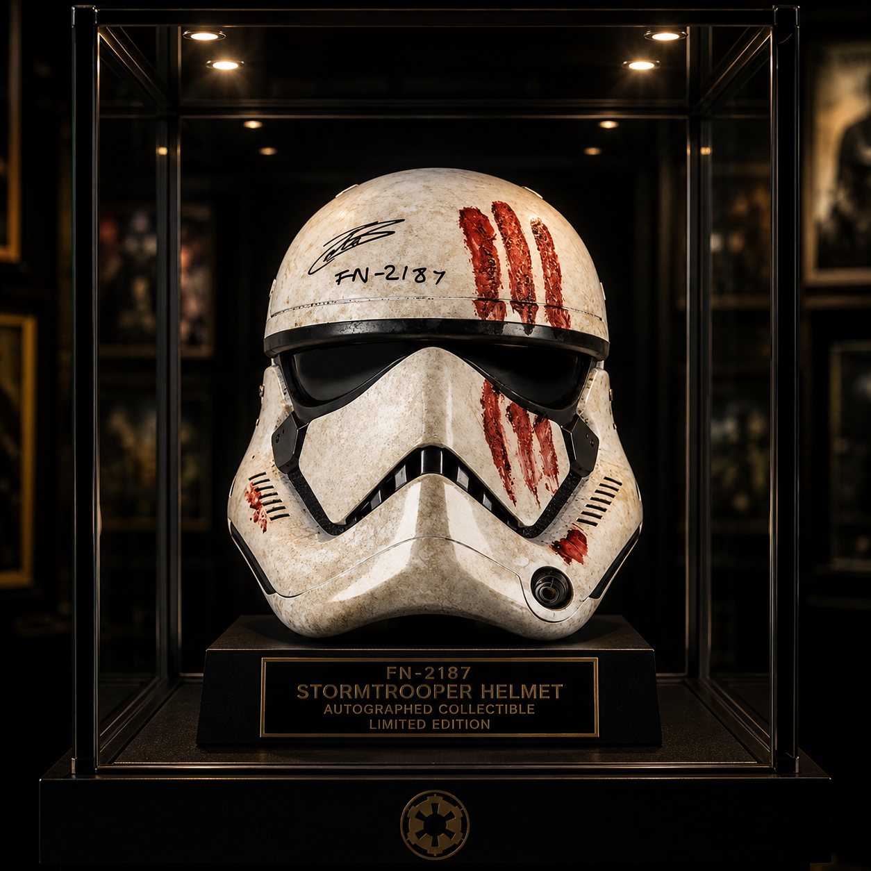 John Boyega Autographed Star Wars The Black Series First Order Stormtrooper Bloody Helmet with FN-2187 Inscription