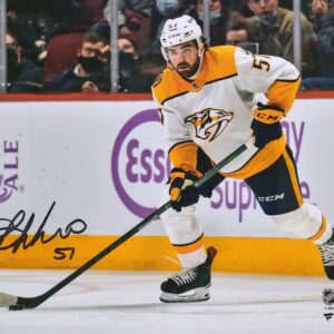 Dante Fabbro Nashville Predators Autographed 16" x 20" White Jersey with Puck Photograph
