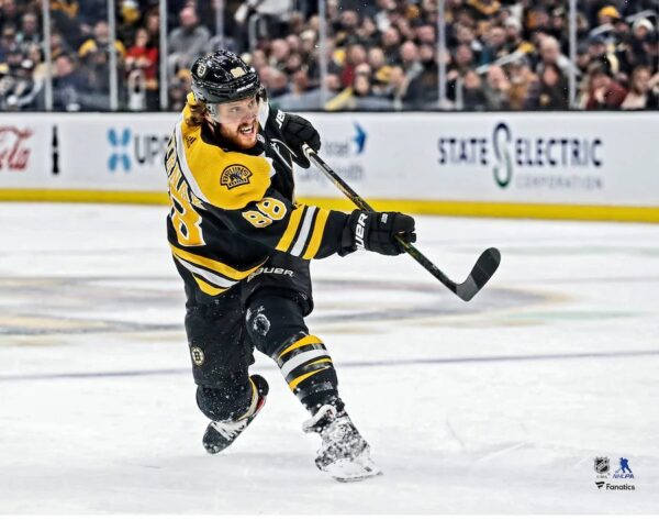 David Pastrnak Boston Bruins Unsigned Black Jersey Shooting Photograph