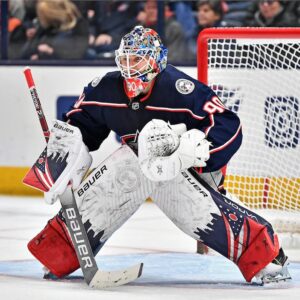 Elvis Merzlikins Columbus Blue Jackets Unsigned Blue Jersey In Net Photograph
