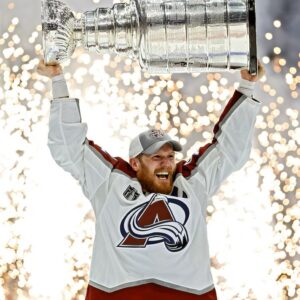 Gabriel Landeskog Colorado Avalanche Unsigned 2022 Stanley Cup Champions Raising Cup Photograph