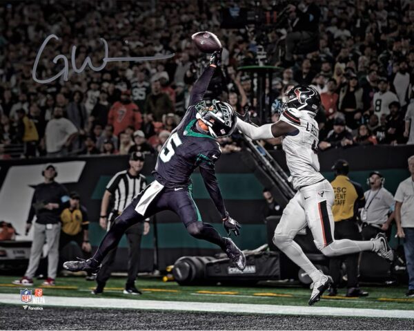 Garrett Wilson New York Jets Autographed 16" x 20" Leaping Touchdown Catch Photograph