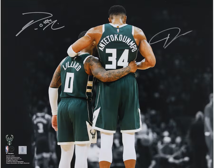 Giannis Antetokounmpo & Damian Lillard Milwaukee Bucks Autographed 16" x 20" Hug Spotlight Photograph