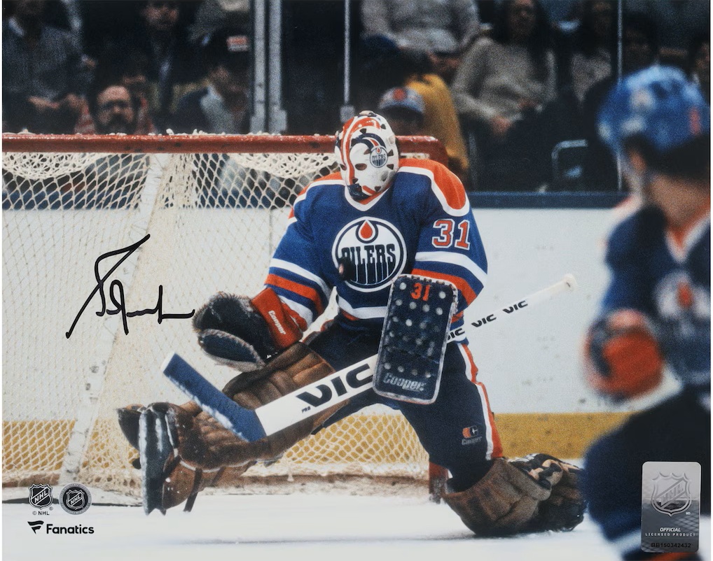 Grant Fuhr Edmonton Oilers Autographed 8" x 10" Royal Jersey Making Save Photograph
