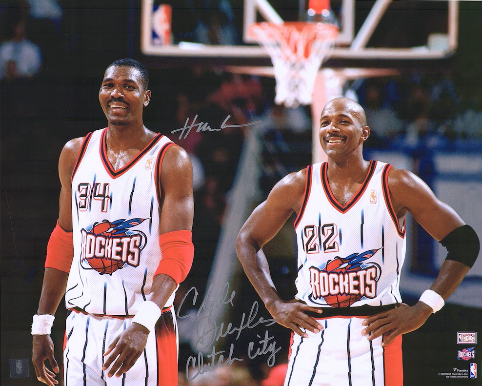 Clyde Drexler & Hakeem Olajuwon Houston Rockets Multi-Signed 16" x 20" Photograph with Multiple Inscriptions
