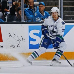 Henrik Sedin Vancouver Canucks Autographed 16" x 20" White Jersey Stopping Photograph with "HOF 22" Inscription - Limited Edition of 33