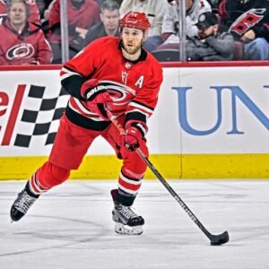 Jaccob Slavin Carolina Hurricanes Unsigned Red Jersey Skating Photograph