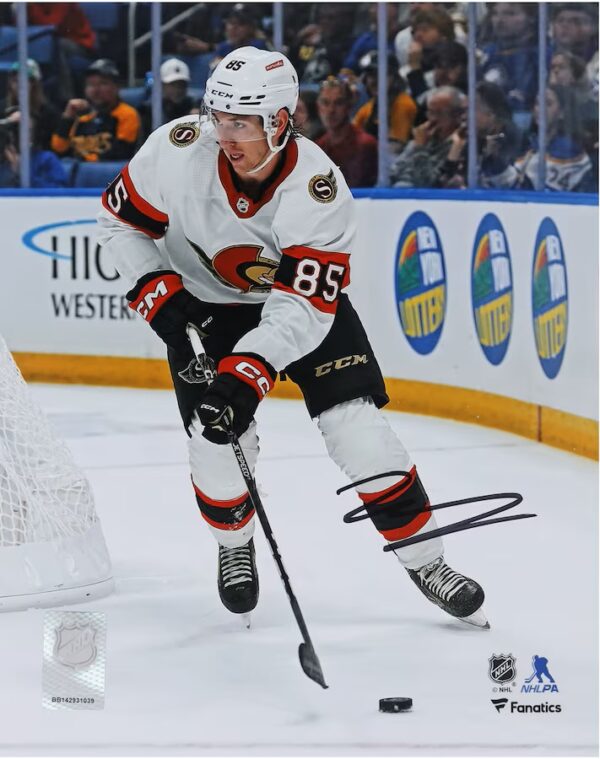 Jake Sanderson Ottawa Senators Autographed 8" x 10" White Jersey NHL Debut Photograph