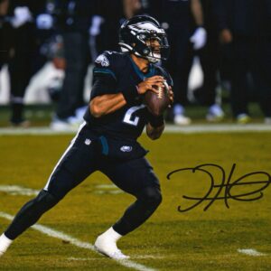 Jalen Hurts Philadelphia Eagles Autographed 8" x 10" Black Jersey Passing Photograph