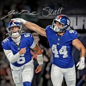 Jaxson Dart & Cam Skattebo New York Giants Autographed 16" x 20" Touchdown Celebration vs. Philadelphia Eagles Photograph