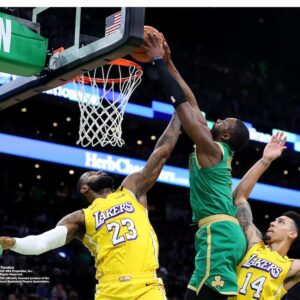 Jaylen Brown Boston Celtics Unsigned Dunk over LeBron James Photograph