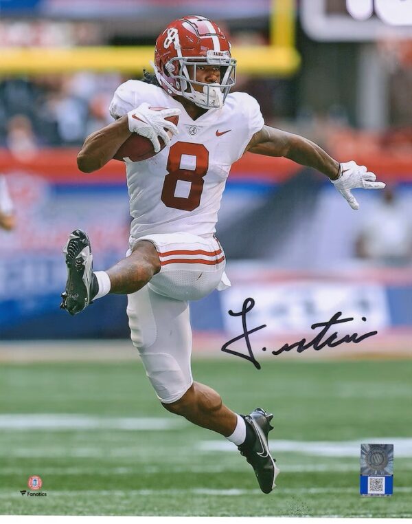John Metchie Alabama Crimson Tide Autographed 8" x 10" White High Stepping Photograph