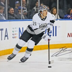 Jordan Spence Los Angeles Kings Autographed 8" x 10" White Jersey with Puck Photograph