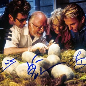 Laura Dern, Jeff Goldblum, Sam Neill Autographed 1993 Jurassic Park Hatchery 11x14 Photo