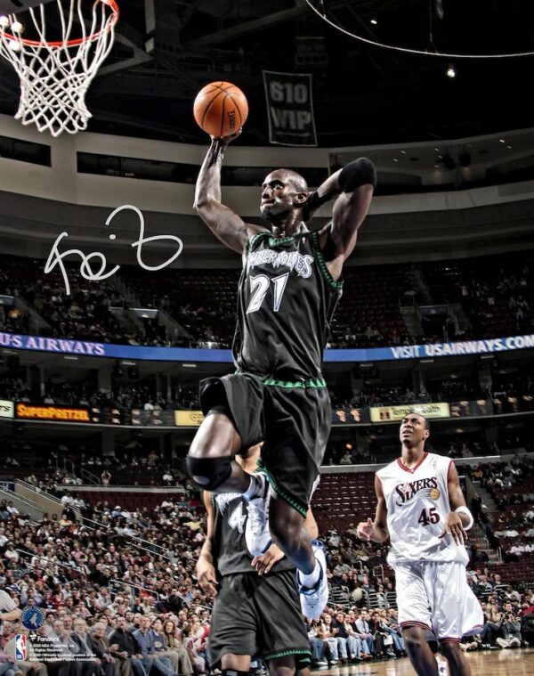 Kevin Garnett Minnesota Timberwolves Autographed 16" x 20" Hand Behind Head Dunking Photograph