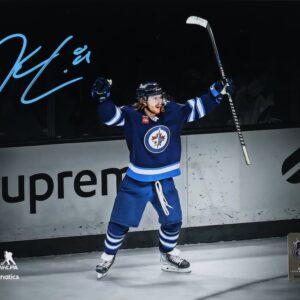 Kyle Connor Winnipeg Jets Autographed 16" x 20" Blue Jersey Celebrating Spotlight Photograph