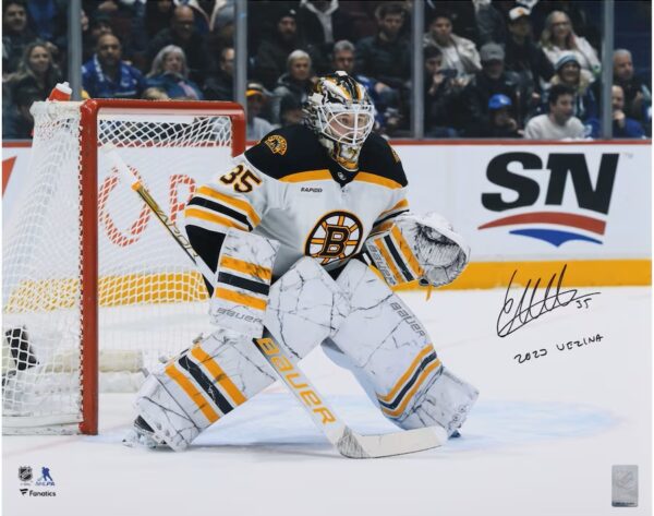 Linus Ullmark Boston Bruins Autographed 2023 Vezina Trophy Winner 16" x 20" White Jersey in Net Photograph with "2023 Vezina" Inscription