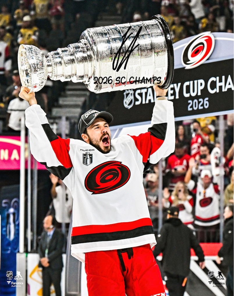 Logan Stankoven Carolina Hurricanes Autographed 2026 Stanley Cup Champions 16" x 20" Raising Cup Photograph with "2026 SC Champs" Inscription