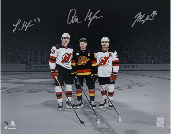 Luke Hughes, Quinn Hughes, & Jack Hughes Autographed 16" x 20" Devils vs. Canucks Pregame Photograph