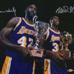 Magic Johnson & James Worthy Los Angeles Lakers Autographed 11" x 14" Holding Trophies Photograph