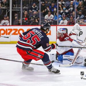Mark Scheifele Winnipeg Jets Unsigned Shoots Puck Past Goaltender Pavel Francouz Photograph