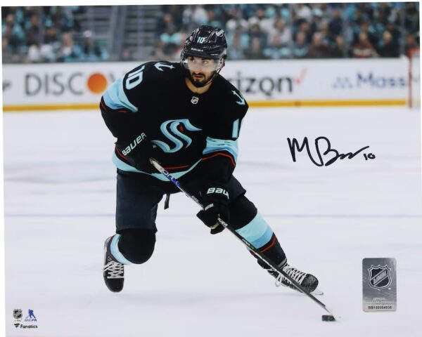 Matty Beniers Seattle Kraken Autographed 8" x 10" Navy Jersey with Puck Photograph
