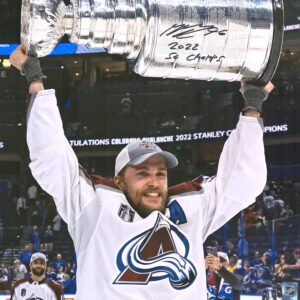 Mikko Rantanen Colorado Avalanche Autographed 2022 Stanley Cup Champions 16" x 20" Raising Cup Photograph with "2022 SC Champs" Inscription