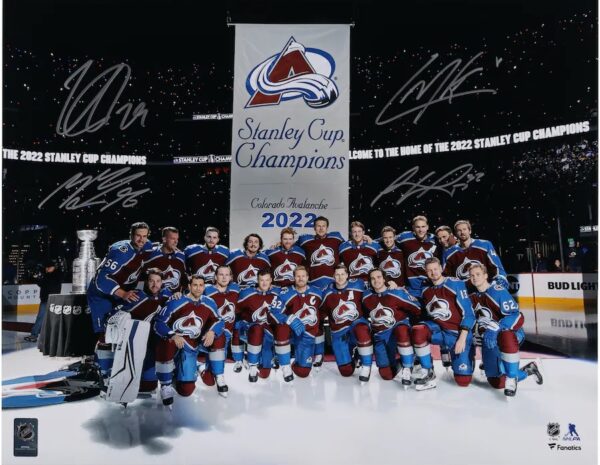 Nathan MacKinnon, Mikko Rantanen, Cale Makar and Gabriel Landeskog Colorado Avalanche Autographed 16" x 20" Banner Night Photograph