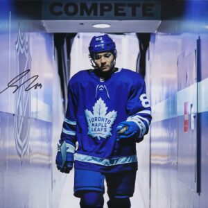 Nick Robertson Toronto Maple Leafs Autographed 16" x 20" Blue Jersey Walking Down the Tunnel Photograph
