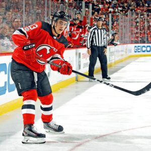 Nico Hischier New Jersey Devils Unsigned Red Jersey NHL Debut Photograph