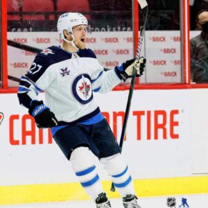 Nikolaj Ehlers Winnipeg Jets Unsigned White Jersey Goal Celebration vs. Ottawa Senators Photograph