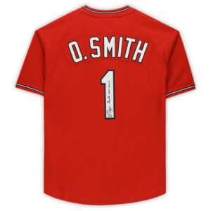 Ozzie Smith St. Louis Cardinals Autographed Scarlett Mitchell & Ness Batting Practice Jersey with "HOF 2002" Inscription