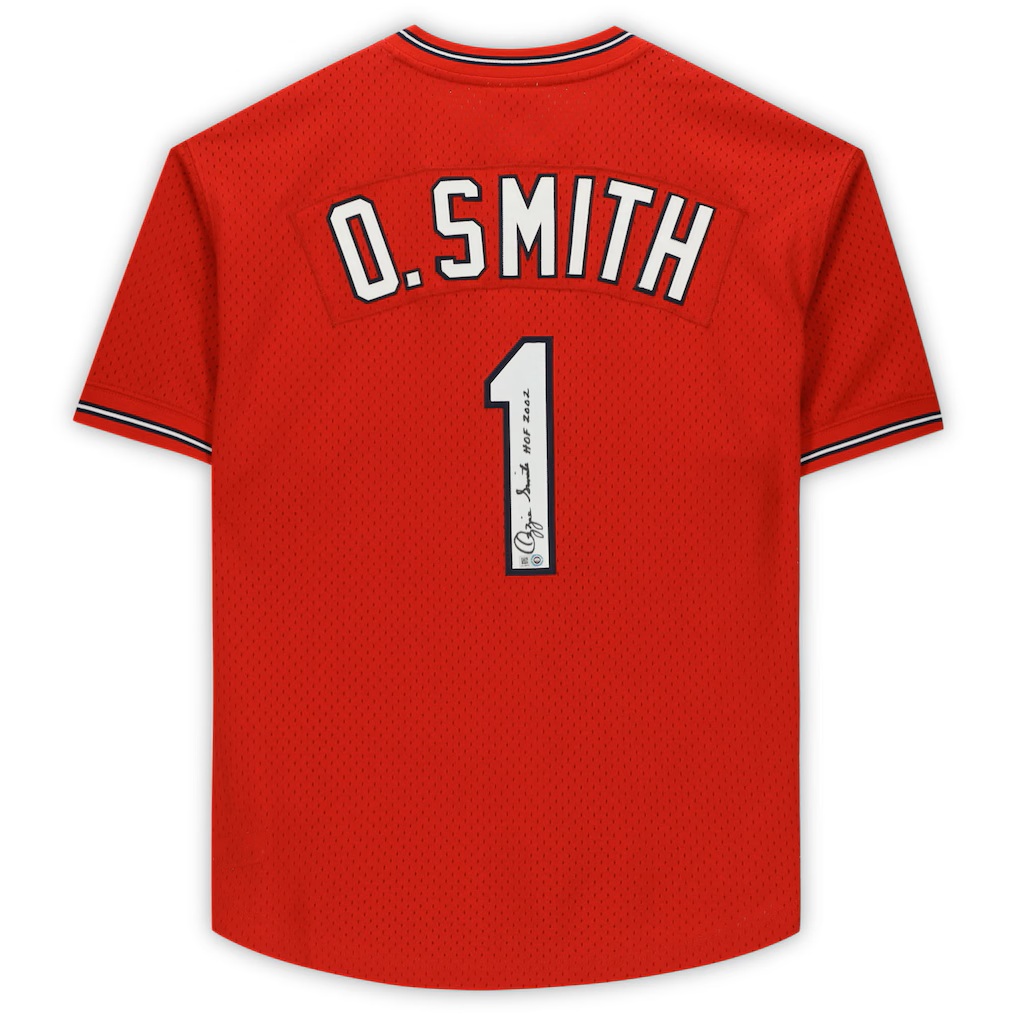Ozzie Smith St. Louis Cardinals Autographed Scarlett Mitchell & Ness Batting Practice Jersey with "HOF 2002" Inscription