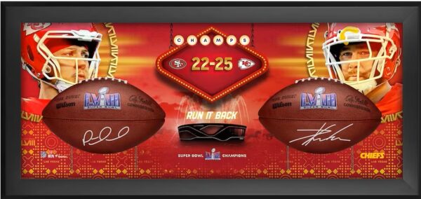 Patrick Mahomes & Travis Kelce Kansas City Chiefs Autographed Super Bowl LVIII Champions Duke Two Football Shadowbox